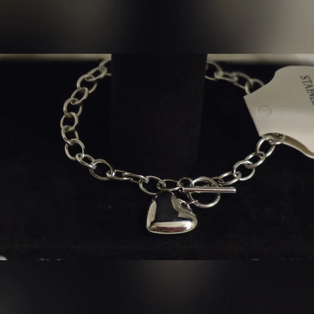 Stainless Steel White Gold Overlay‎ Bracelet With Heart Charm 7